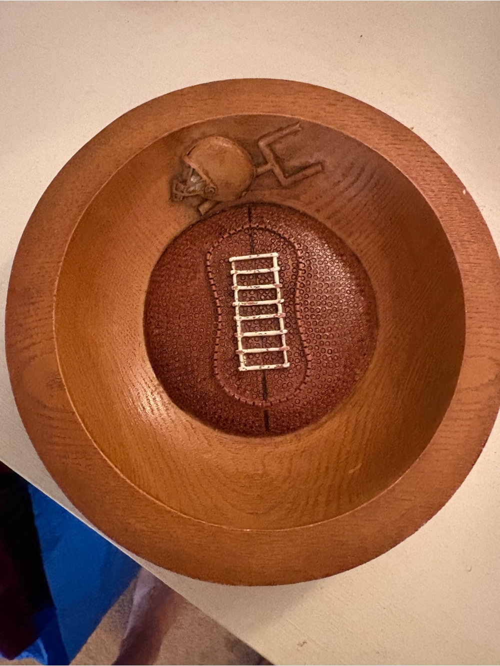 Hand-Carved Wooden Football Ashtray - Brown